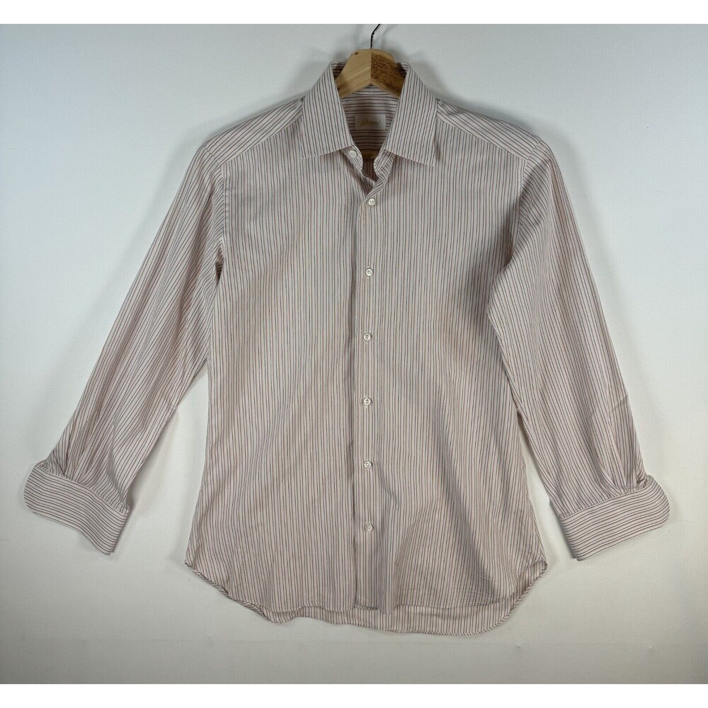 Brioni Mens Dress Shirt Beige Pinstripe Button Up Long Sleeve Formal Size Large